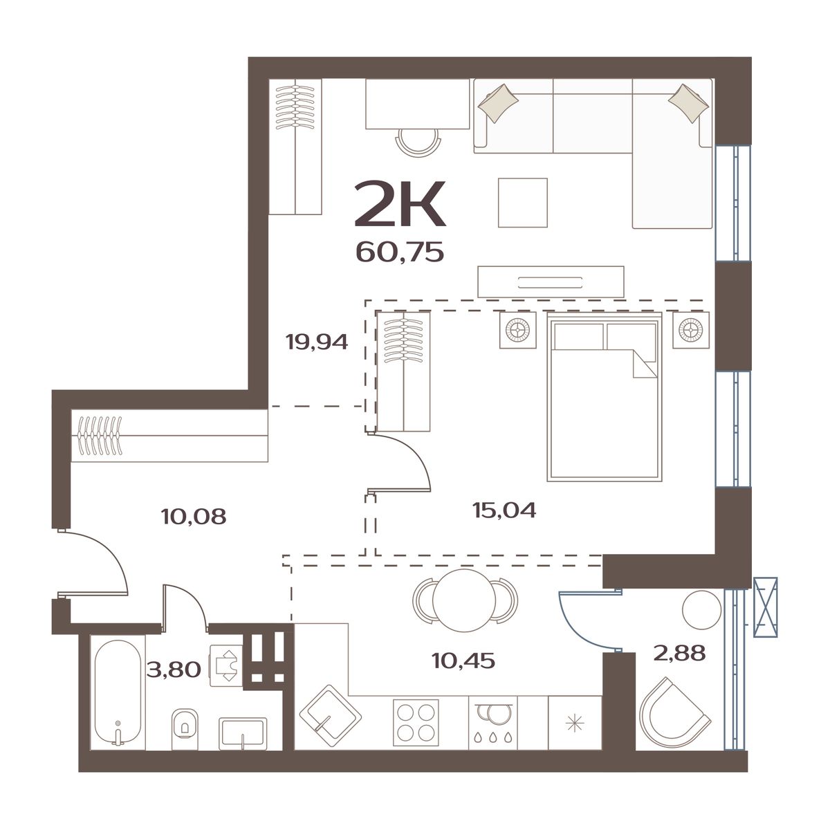 ЖК Меридианы Улисса, 2-комн кв 60,75 м2, за 7 992 000 ₽, 3 этаж